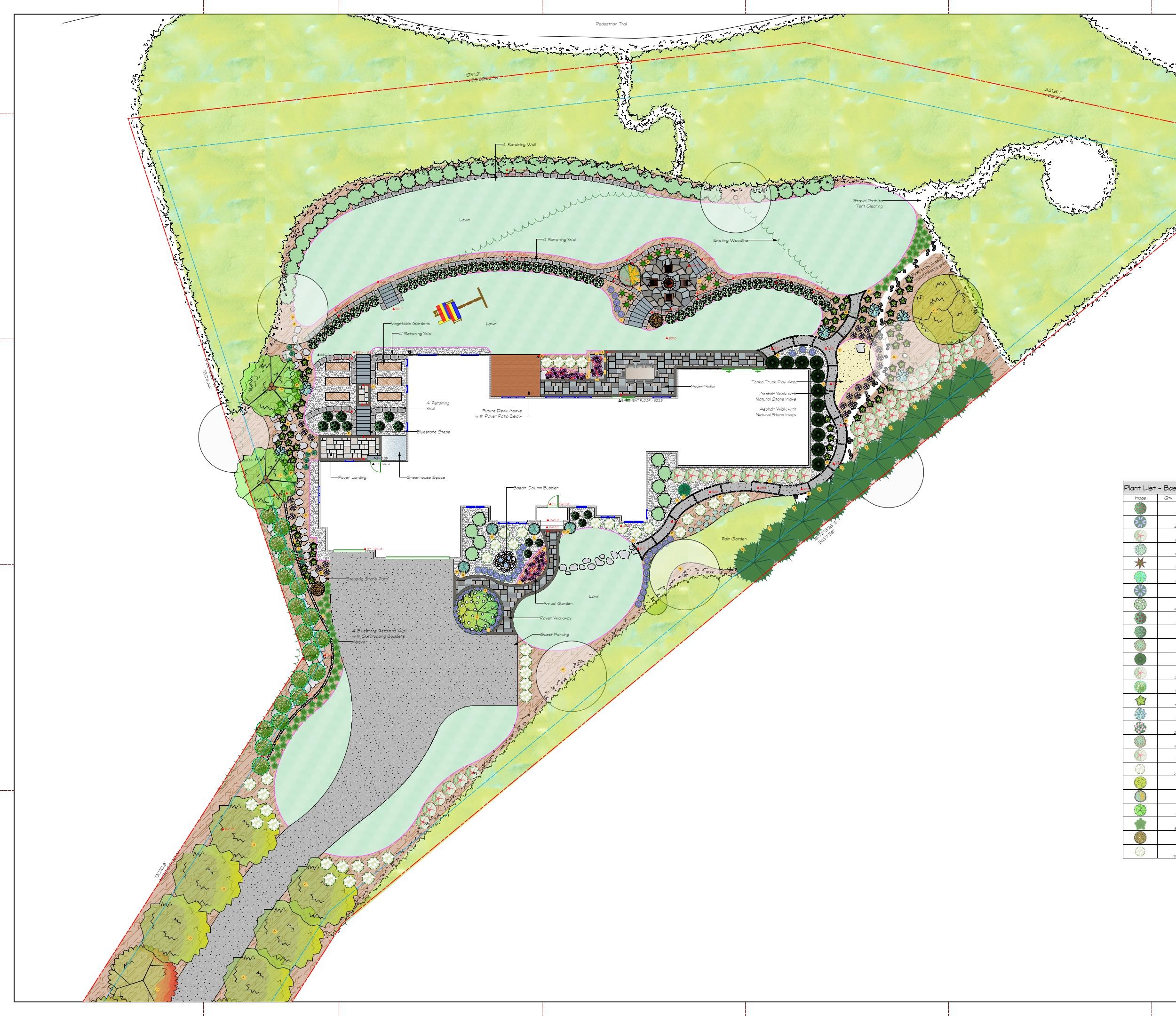 Landscape plan for the rear grounds by Southview Design, showing paths, retaining walls, a rain garden, and paver patio